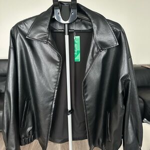 Drop Shoulder dZip Up PU Cropped Jacket